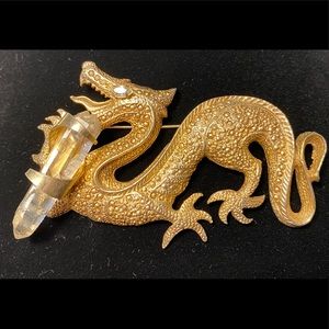 Vintage Gold Metal Dragon with Crystal Brooch